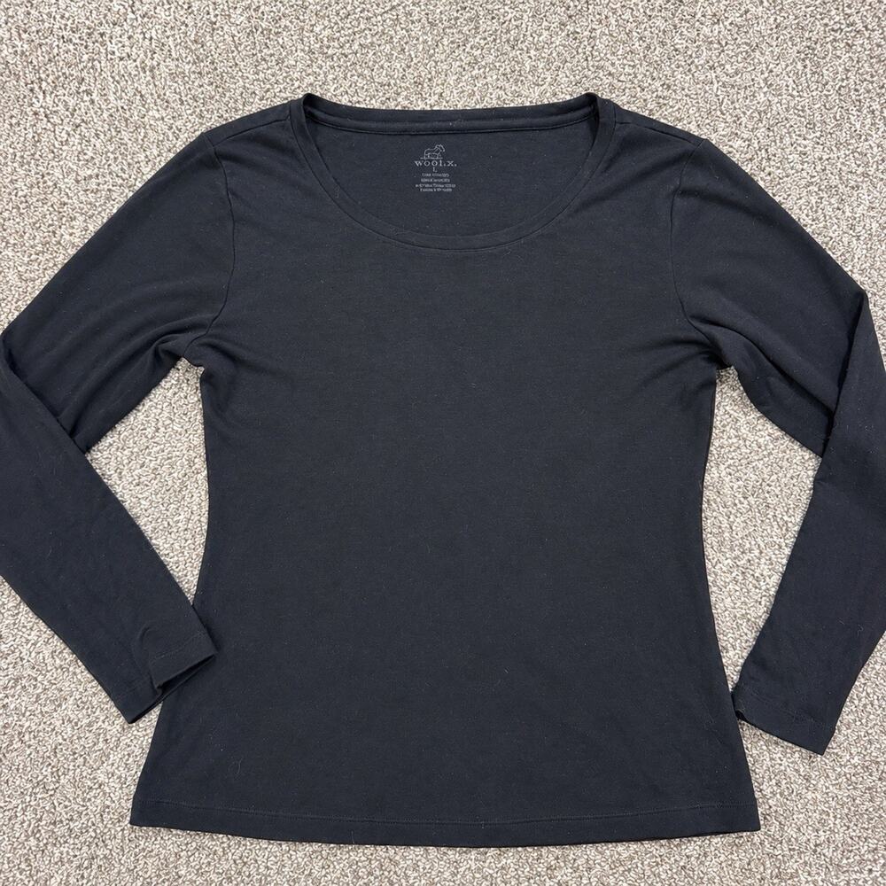 Woolx Womens Merino Wool Shirt Top L Black Long Sleeve Base Layer Minimalist Ski